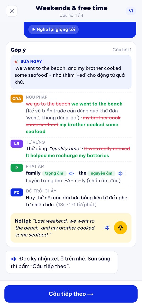 Màn hình nhận xét bài nói của ZestSpeak